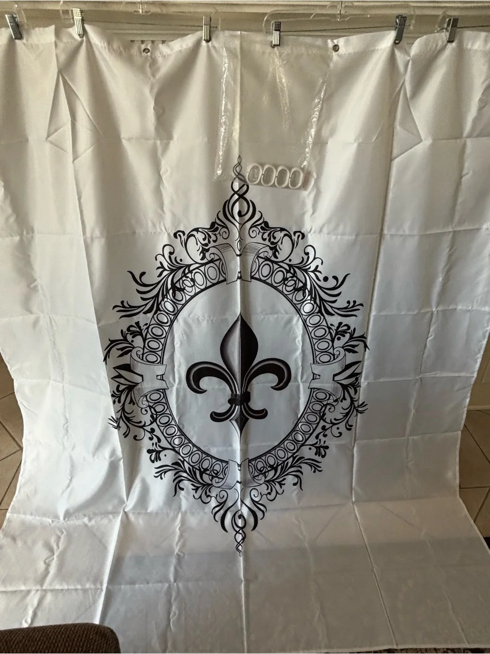 Decorative Fleur-de-Lis Shower Curtain with white hooks